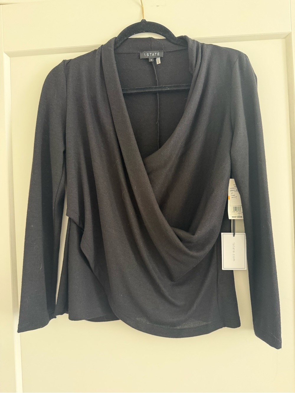 1. State Black Draped Wrap-Front Long Sleeve Top